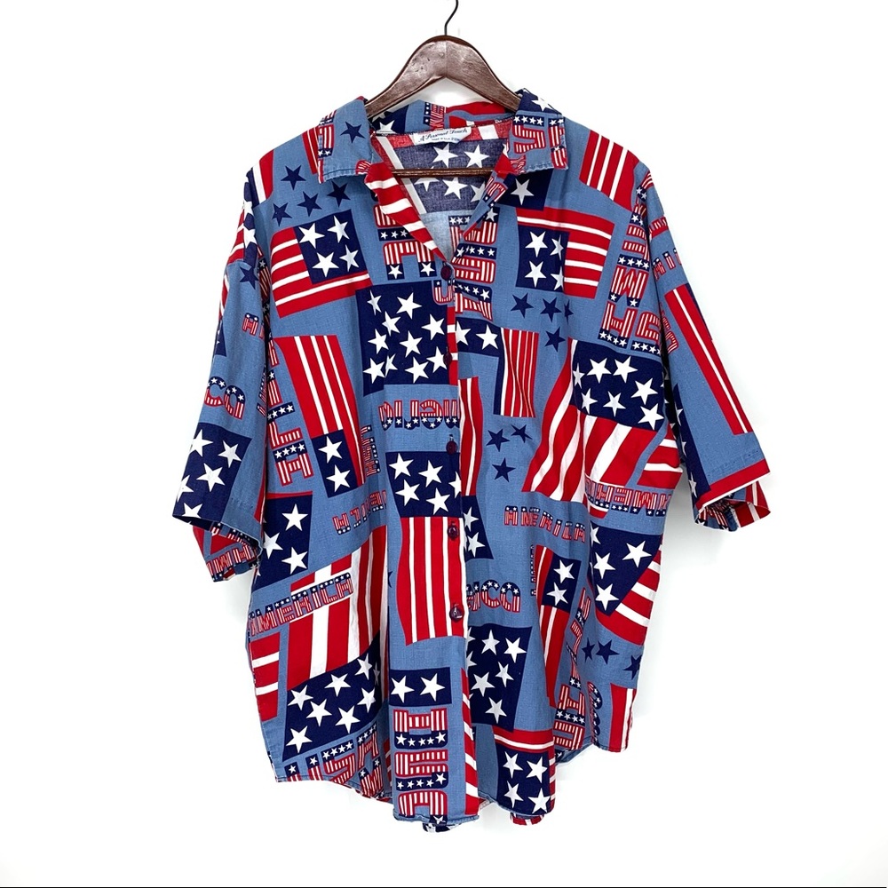 Rare Vintage A Personal Touch Patriotic Flag Short Sleeve Button Down Shirt
